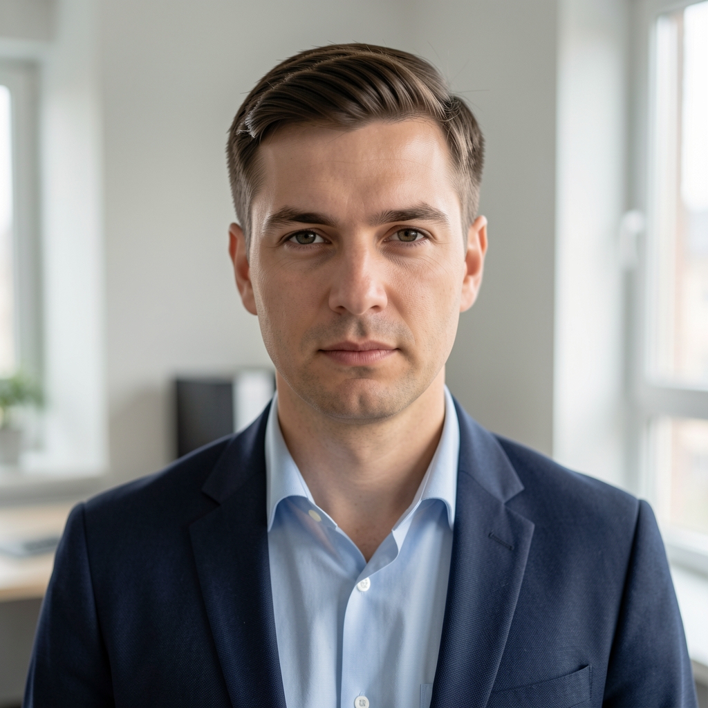 Portrait of a male nutrition research specialist in a minimalist Warsaw workspace, neutral expression, natural window light, professional but understated setting