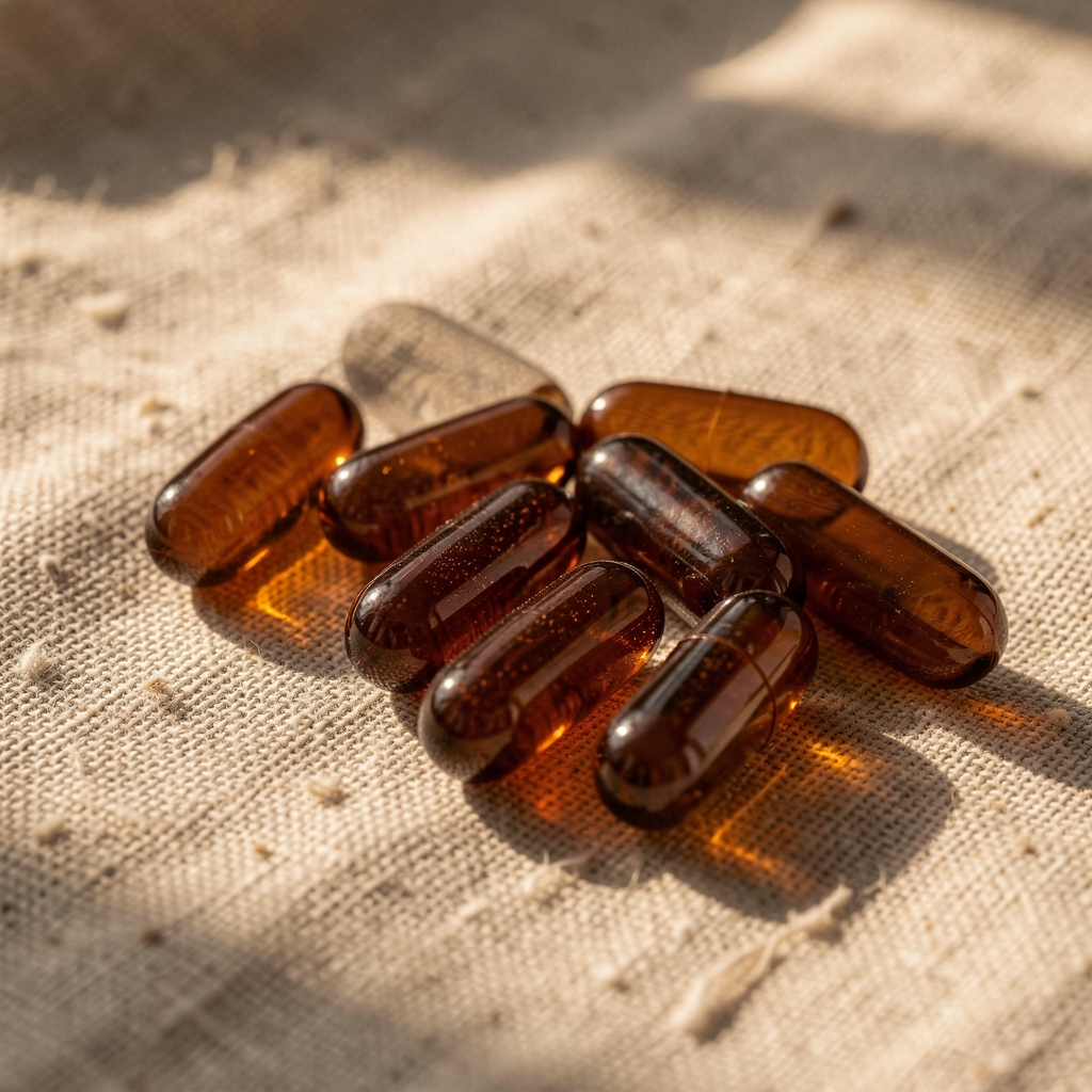 Dark amber glass supplement capsules arranged on aged linen, warm morning light from the side emphasising texture and granulation