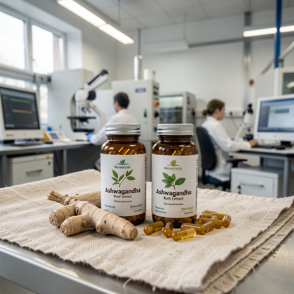 Ashwagandha root extract and zinc supplement capsules arranged on natural linen, botanical origin labels visible, quality-control workspace with controlled lighting, Warsaw facility