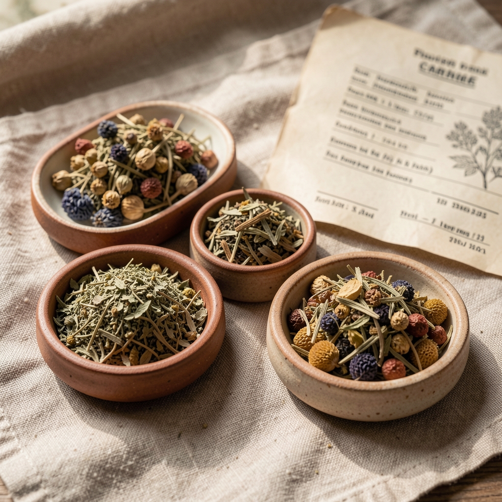 Dried botanical herbs and plant extracts arranged in small ceramic bowls on aged linen, sourcing documentation visible in background, natural daylight
